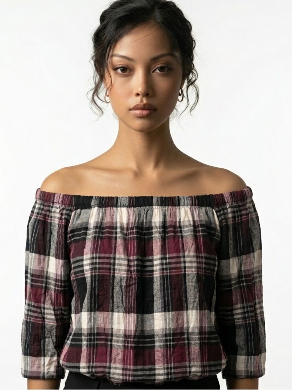 RENEE C. | Plaid Off the Shoulder Top Burgundy L